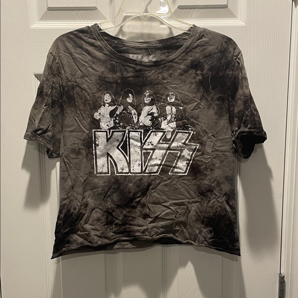 Gray-Green Tie-Dye KISS Graphic Crop Top